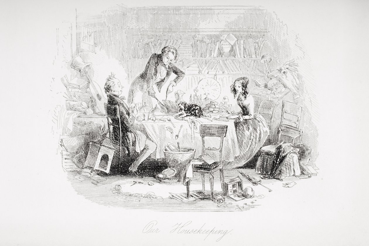 Nosso Housekeeping, ilustração de &39;David Copperfield&39; por Charles Dickens (1812-1870) publicado pela primeira vez em 1850 de Hablot Knight Browne