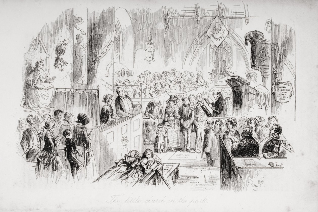 A pequena igreja no parque, ilustração de &39;Bleak House&39; por Charles Dickens (1812-1870) publicou 1853 de Hablot Knight Browne