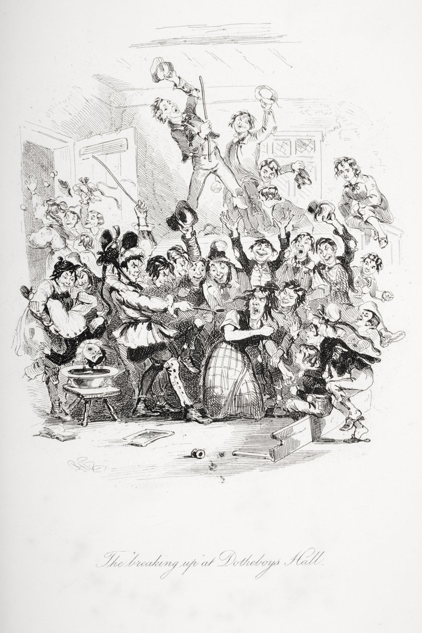 O &39;rompimento&39; no Dotheboys Hall, ilustração de `Nicholas Nickleby &39;por Charles Dickens (1812-1870) publicou 1839 de Hablot Knight Browne