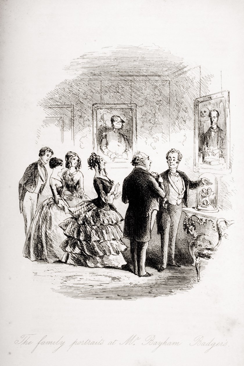 Os retratos de família na ilustração de Bayham Badger, de "Bleak House", de Charles Dickens (1812-1870), publicaram 1853 (lito) de Hablot Knight Browne