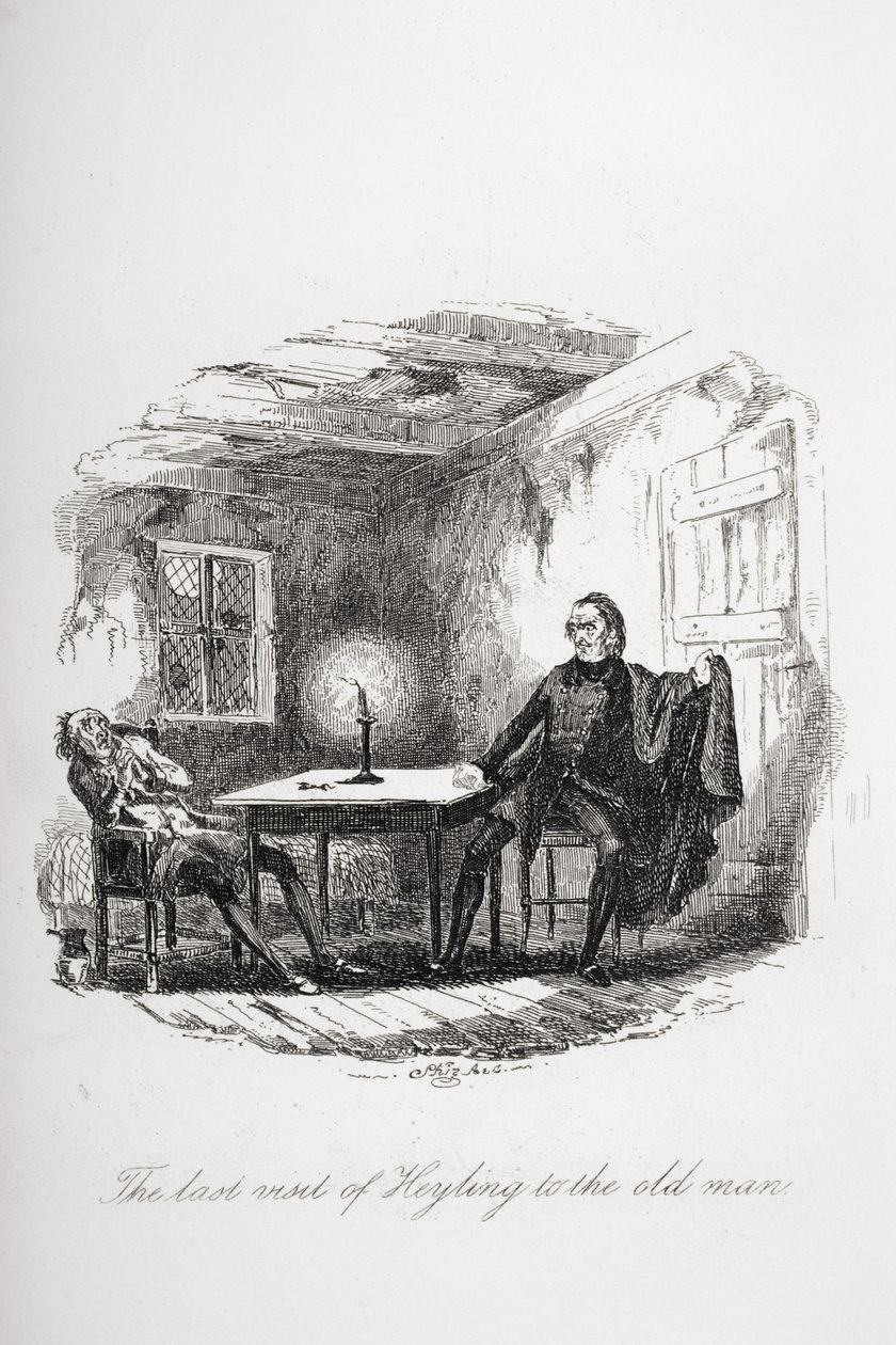 A última visita de Heyling ao velho homem, ilustração de "The Pickwick Papers" de Charles Dickens (1812-1870) publicou 1837 de Hablot Knight Browne