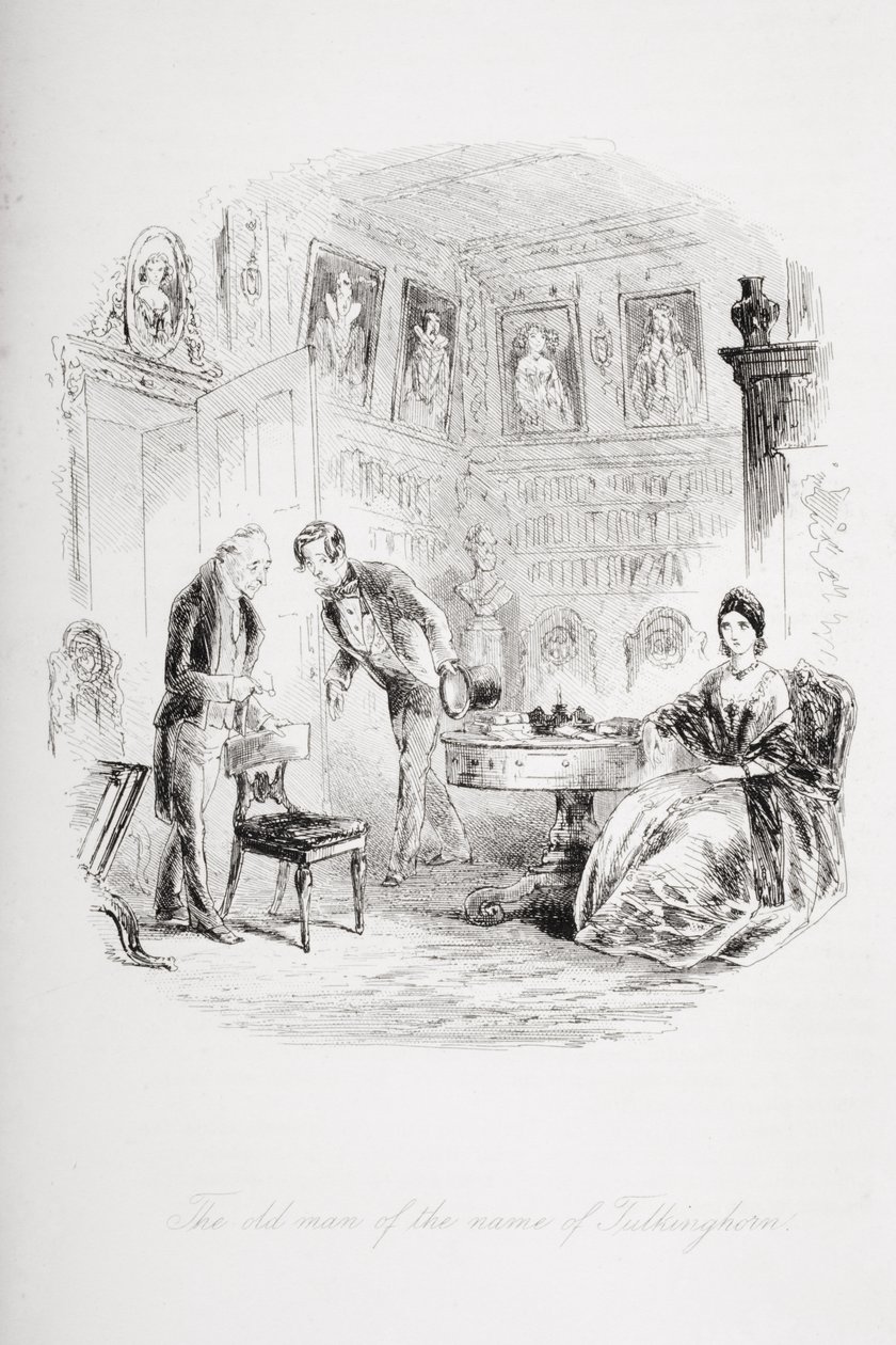 O velho do nome Tulkinghorn, ilustração de &39;Bleak House&39; de Charles Dickens (1812-1870) publicou 1853 de Hablot Knight Browne