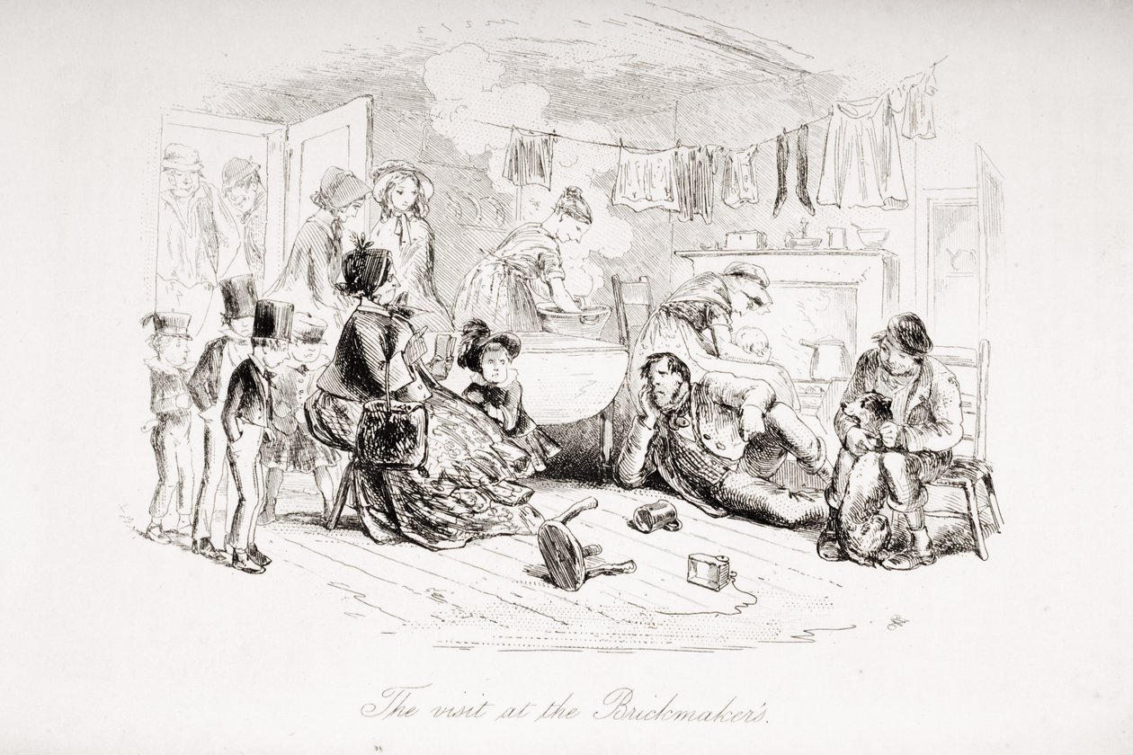A visita à ilustração do Brickmaker, de "Bleak House", de Charles Dickens (1812-1870), publicou 1853 de Hablot Knight Browne