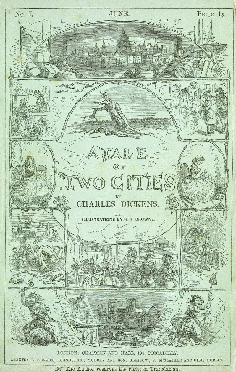 Página de rosto da primeira parte da primeira edição em partes serializadas, do livro "Um Conto de Duas Cidades", de Charles Dickens, 1859 de Hablot Knight Browne