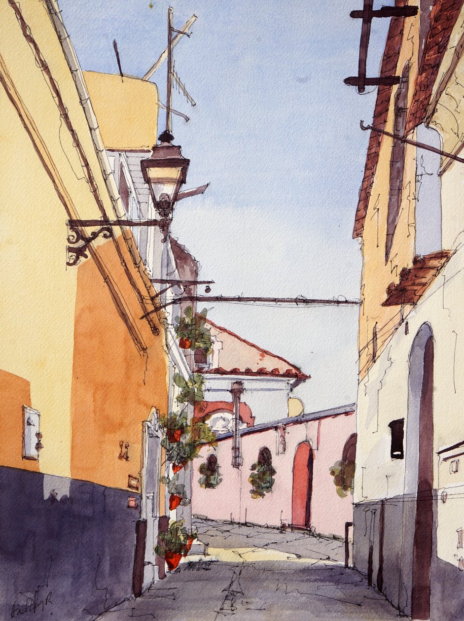 Rua lateral, Positano, Itália, c.2024 (aguarela e tinta) de Hadley Rampton
