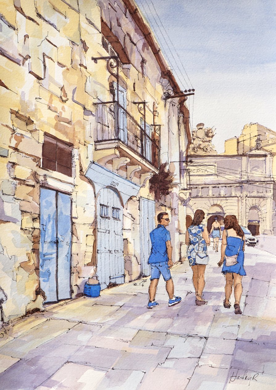 Ménage à trois em azul, Valeta, Malta, c.2024 (aguarela e tinta) de Hadley Rampton