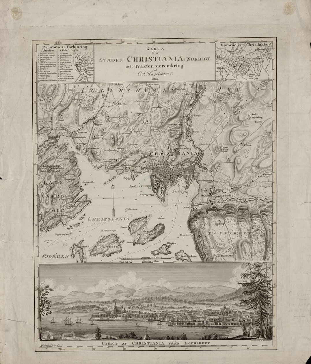 Mapa sobre a cidade de Christiania no norte da Noruega e a área circundante de Hagelstam