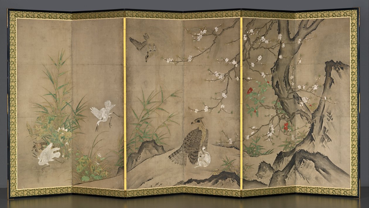 Pássaros e flores em uma paisagem de Hagetsu Tosatsu
