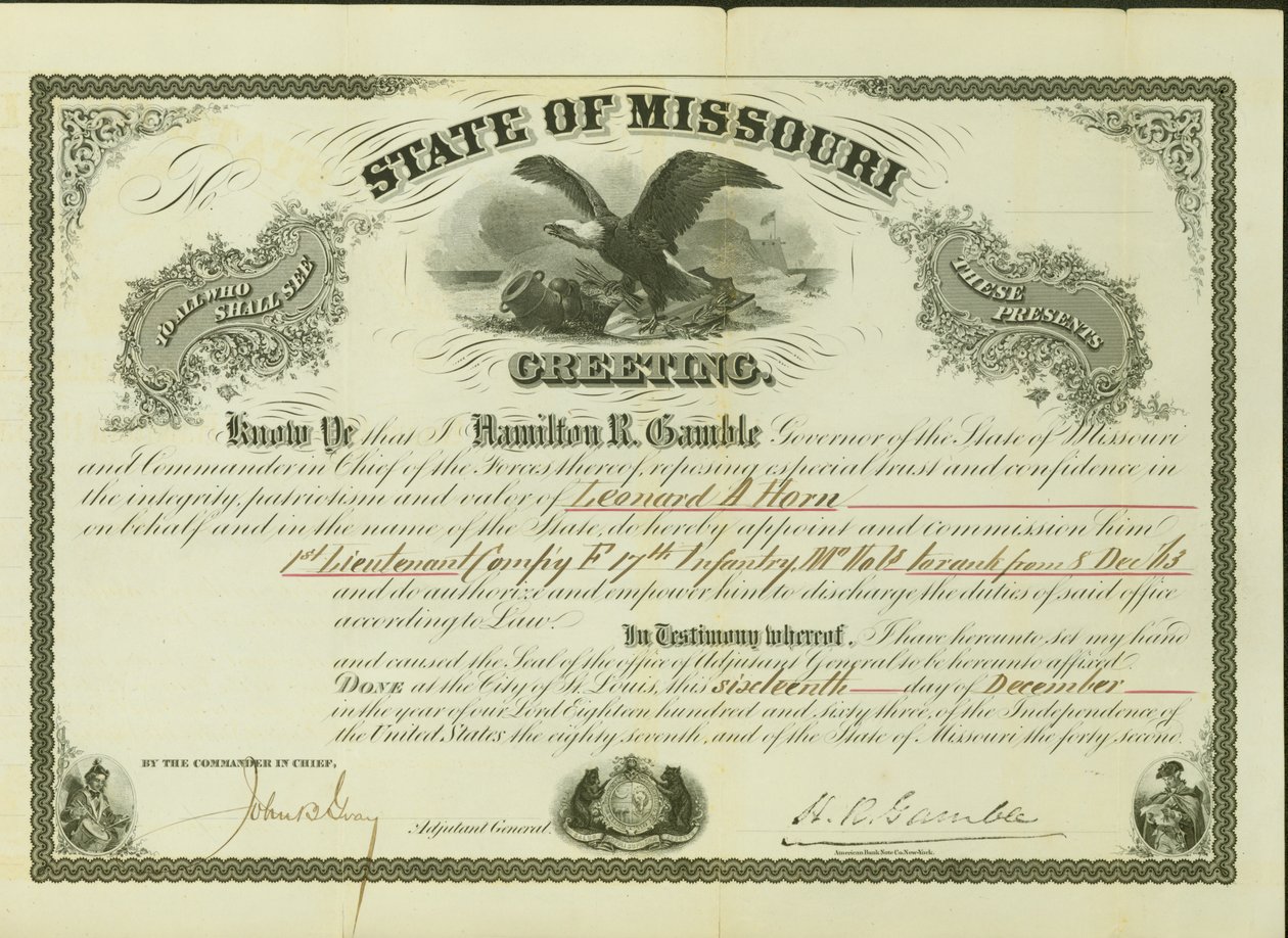 Nomeia o 1º Tenente de Chifre, Companhia F, 17a Infantaria de Missouri, para classificar de 8 de dezembro de 1863 de Hamilton Rowan Gamble