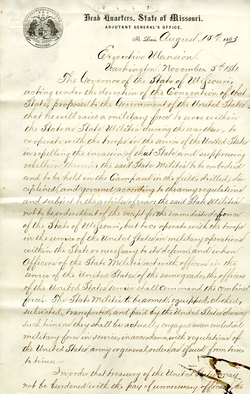 Em relação à criação e alistamento de milícias no Missouri e cooperação com as forças dos EUA de Hamilton Rowan Gamble