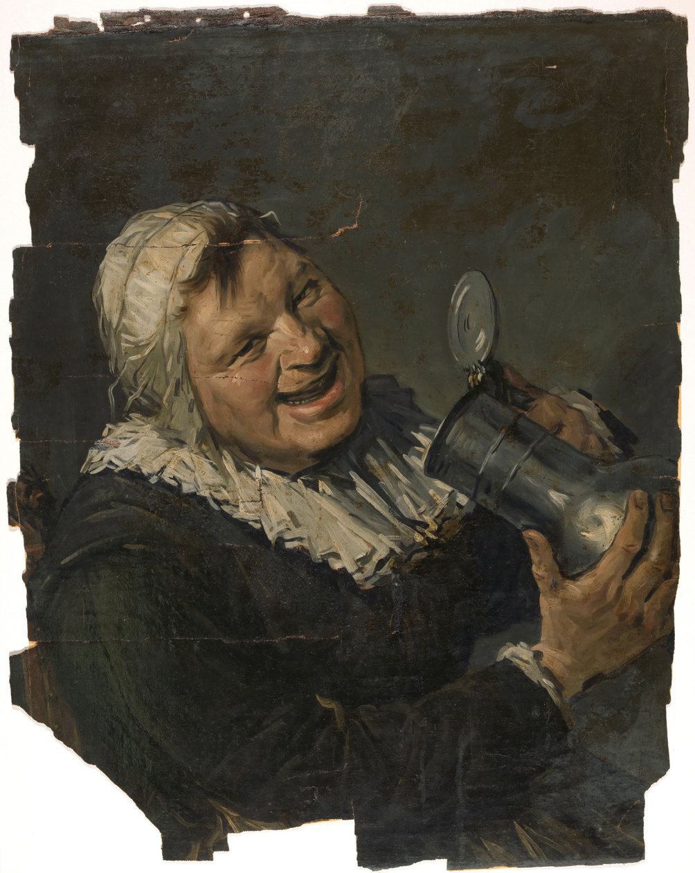 Malle Babbe. Uma velha sorridente traz uma lata para a boca. Pintado no estilo de Frans Hals de Han van Meegeren