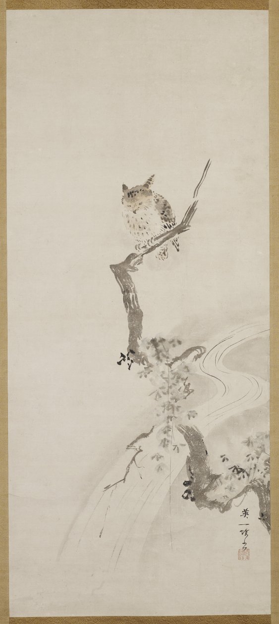 Uma coruja empoleirada em uma árvore, c. 1710 de Hanabusa Itcho