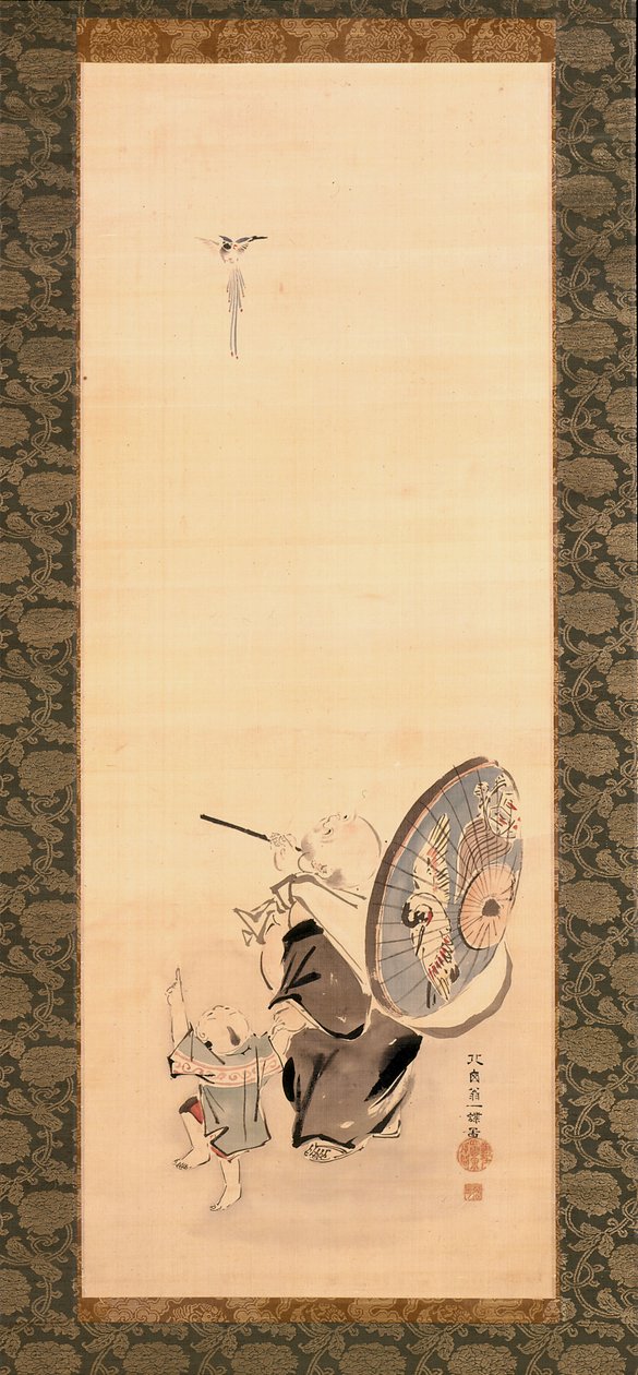 Hotei E Criança (tinta e cor sobre seda) de Hanabusa Itcho