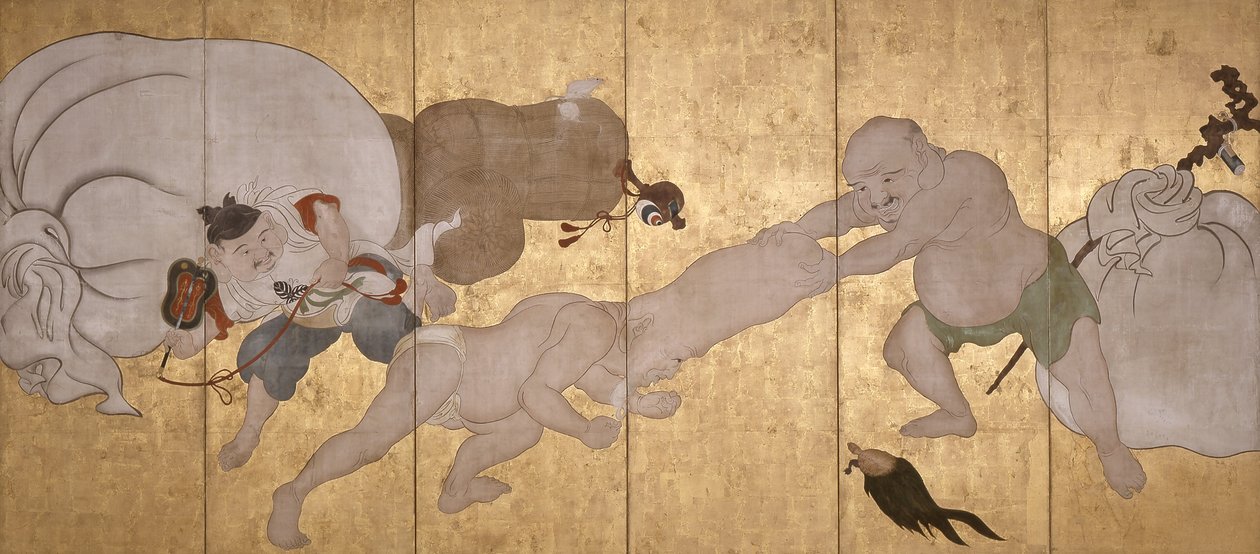 Sete Deuses da Boa Fortuna (tinta, cor e folha de ouro sobre papel, ecrã sextuplicado) de Hanabusa Itcho