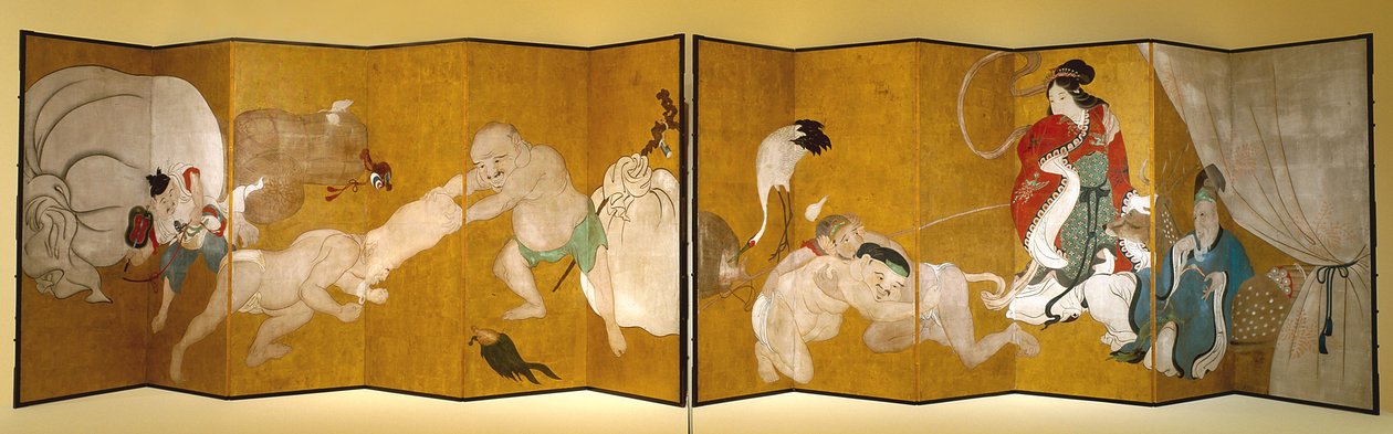 Sete Deuses da Boa Fortuna (tinta, cor e folha de ouro sobre papel, ecrã sextuplicado) de Hanabusa Itcho