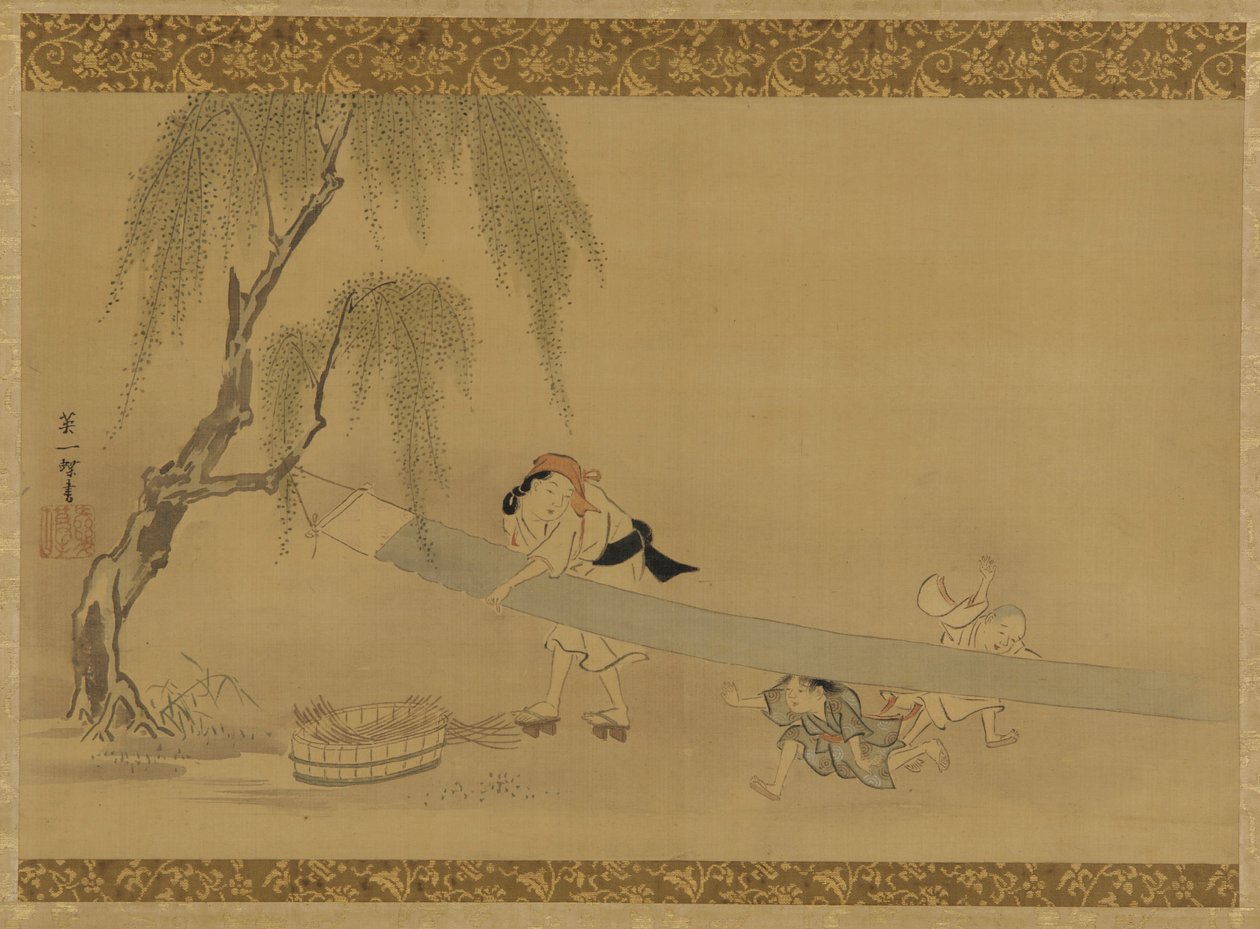 Mulher esticando pano para secar, duas crianças brincando, período Edo, final do século XVII e início do século XVIII. de Hanabusa Itcho