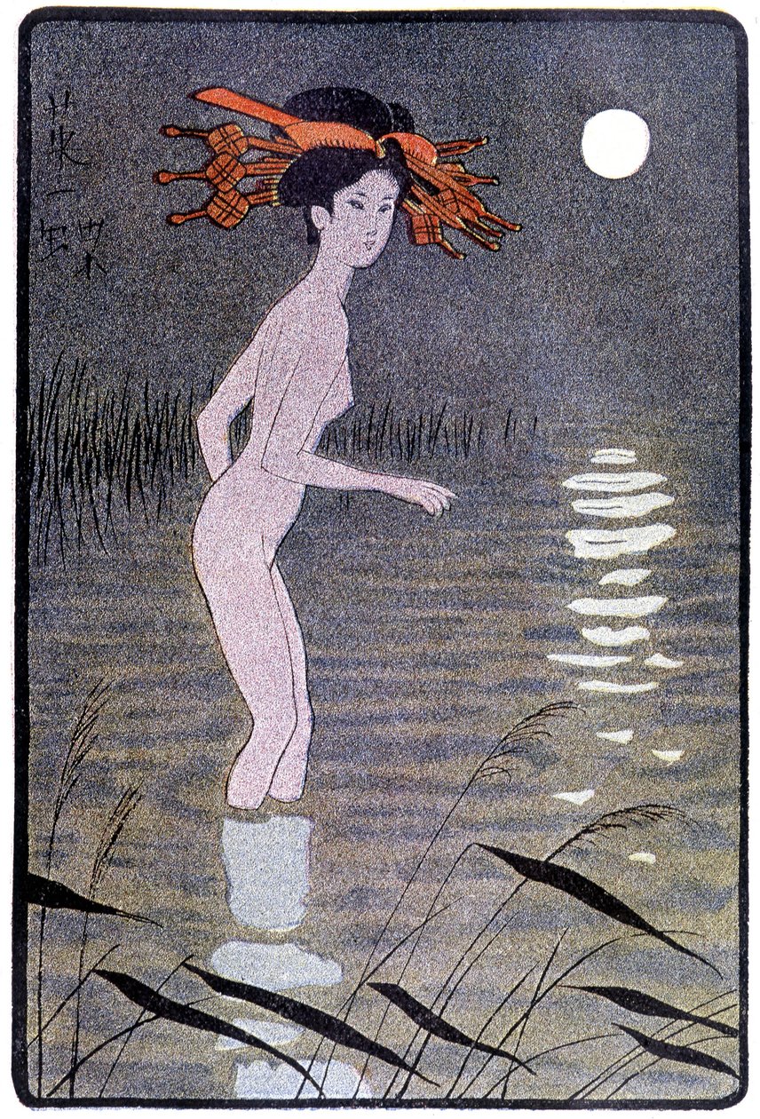 Jovem japonês a tomar banho num lago ao luar - em "boneca japonesa" de Félicien Champsaur, doente. Hanafusa Itcho, Paris de Hanabusa Itcho