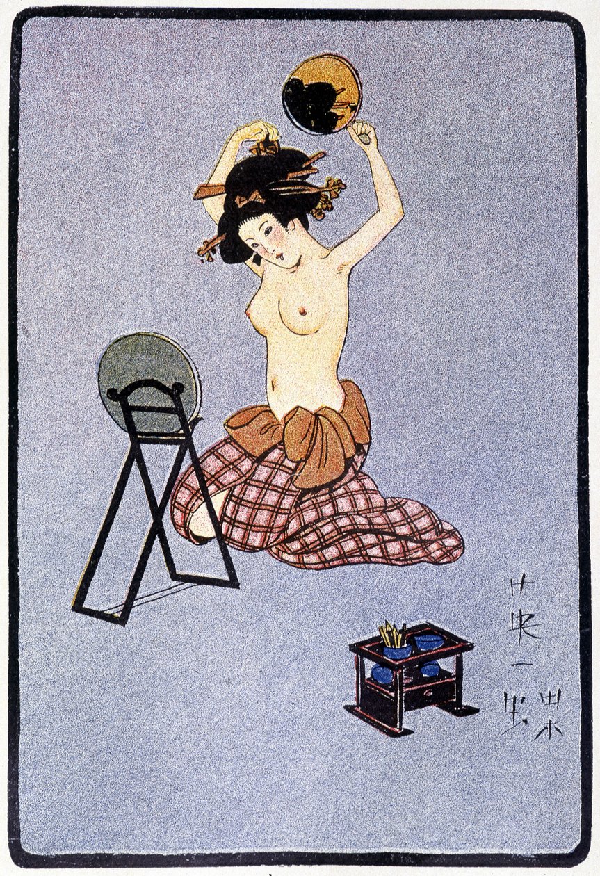 Jovem japonesa despida do seu cabeleireiro - em "boneca japonesa" de Félicien Champsaur, doente. Hanafusa Itcho, Paris de Hanabusa Itcho