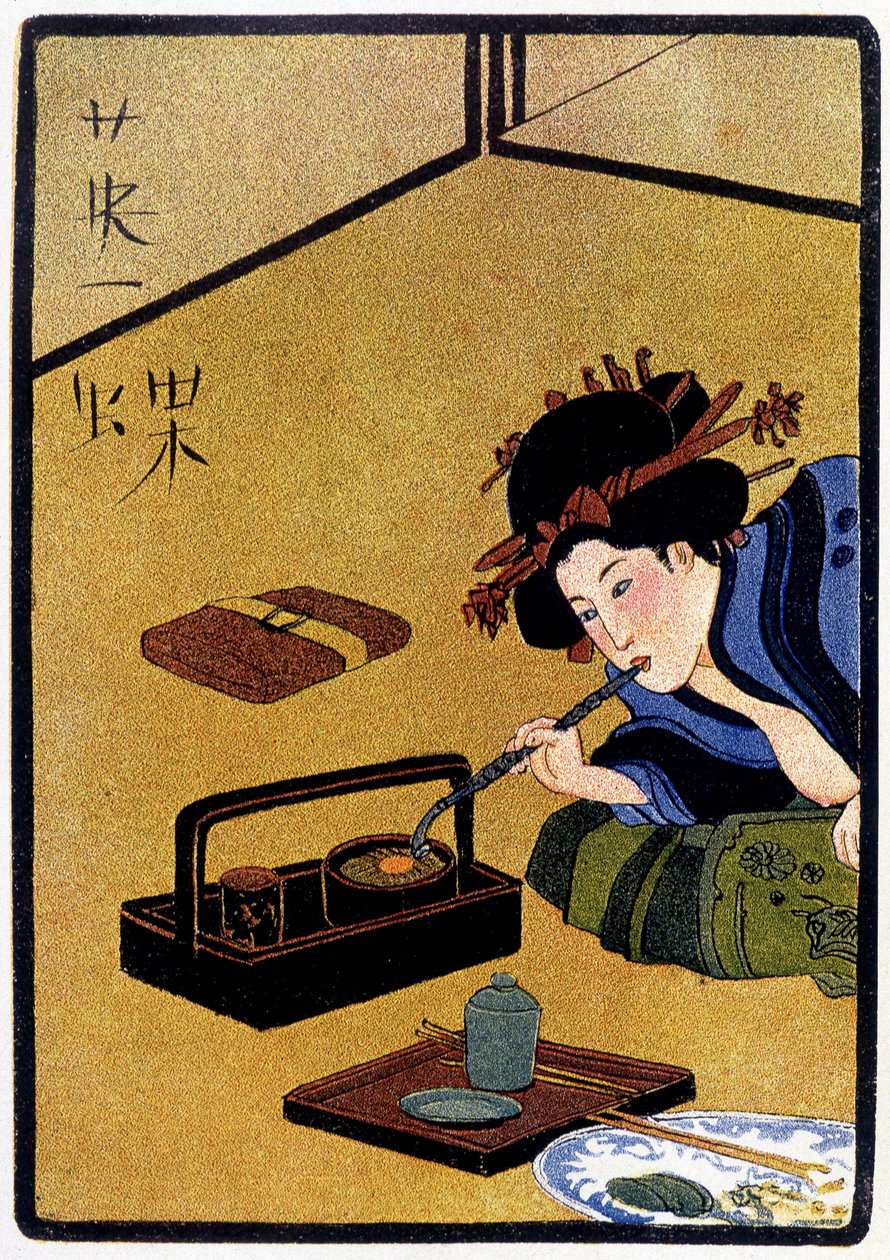 Jovem japonês à espera de uma visita enquanto fuma ópio - em "boneca japonesa" de Félicien Champsaur, doente. Hanafusa Itcho, Paris de Hanabusa Itcho