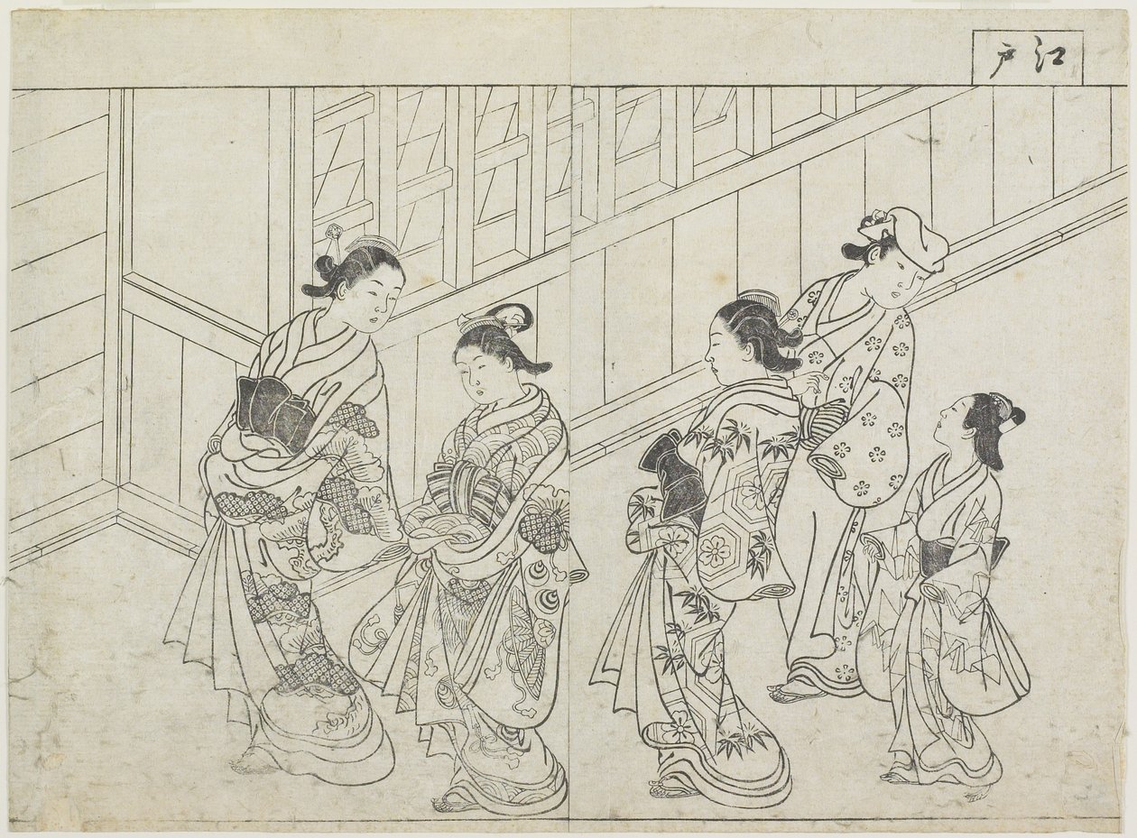 Cinco prostitutas na frente de uma casa, início dos anos 1770 (impressão em xilogravura) de Hanabusa Shigenobu