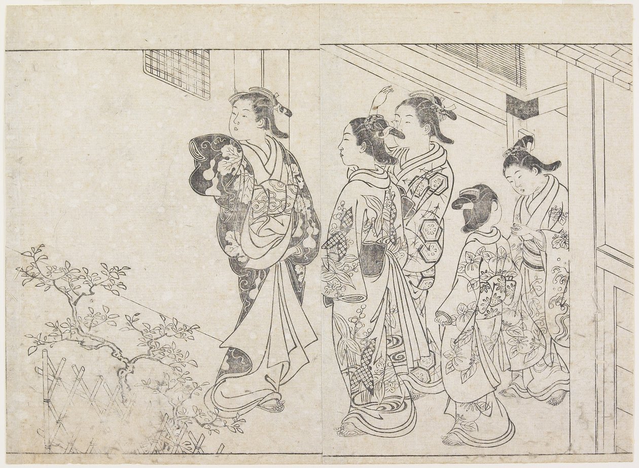Cinco prostitutas em um pátio, início dos anos 1770 (impressão em xilogravura) de Hanabusa Shigenobu