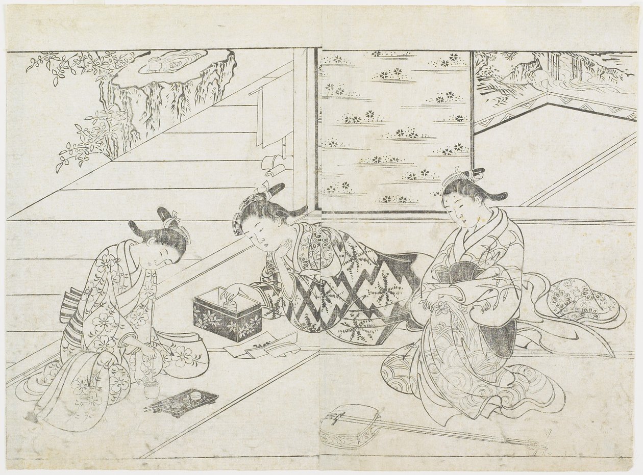 Três prostitutas em um quarto, início dos anos 1770 (impressão em xilogravura) de Hanabusa Shigenobu