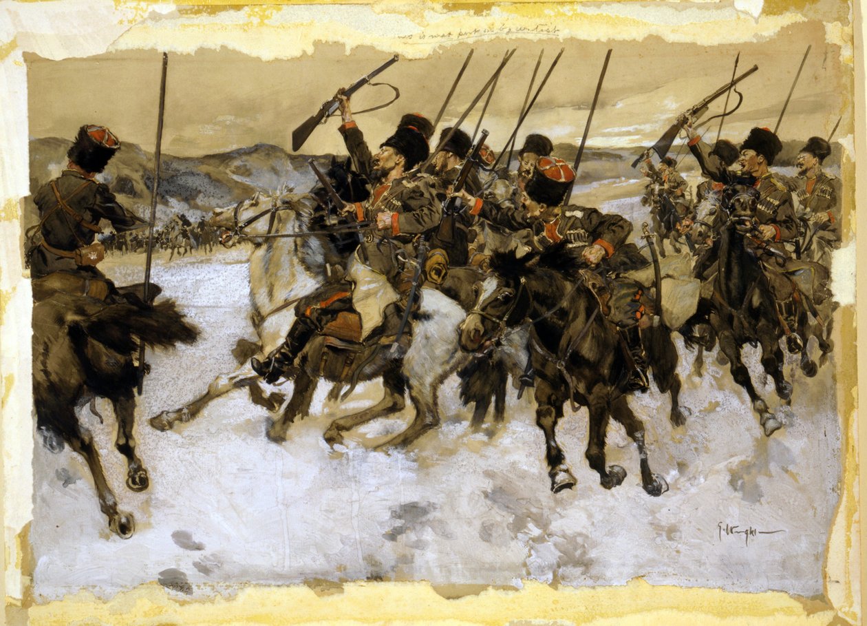 Cossacos russos atacando um trem de bagagem (aquarela) de Hand George Wright