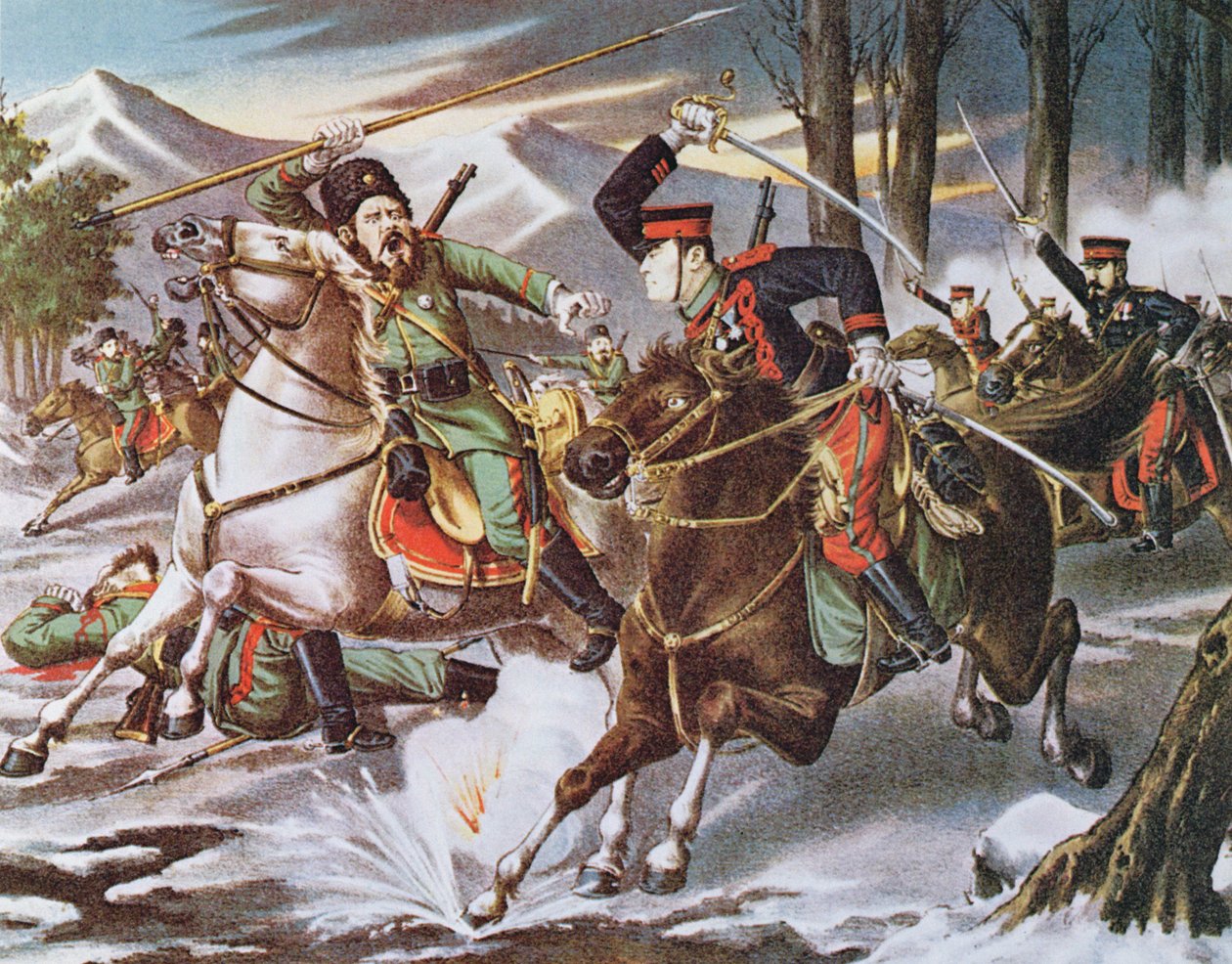 Tropas de cavalaria russas e japonesas se enfrentam perto de Chonju, província do Norte da Polônia, Coréia, c.1904 de Hannosuke Kuroki