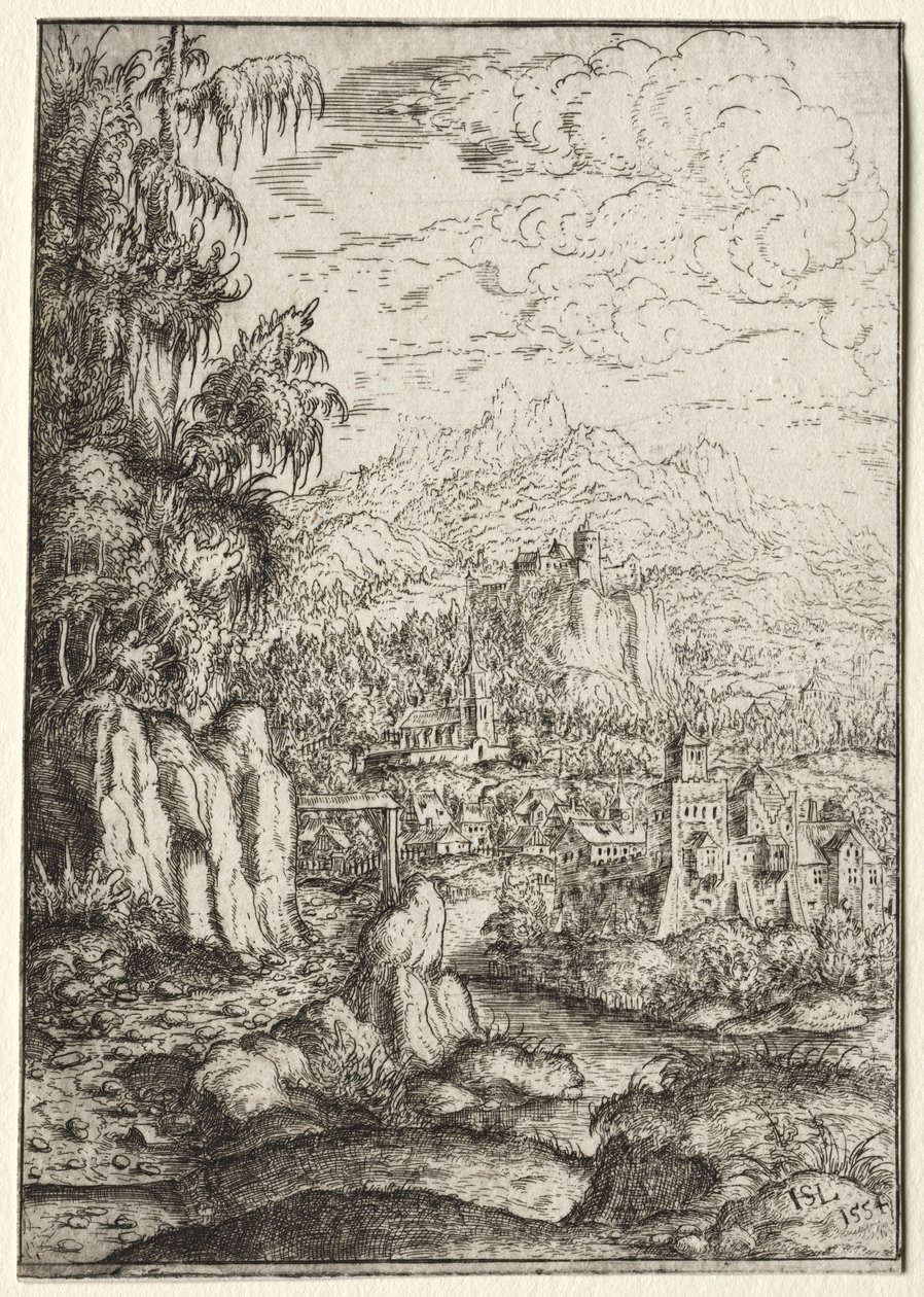 Paisagem com uma estrada para um castelo em uma ilha em um rio de Hanns Lautensack