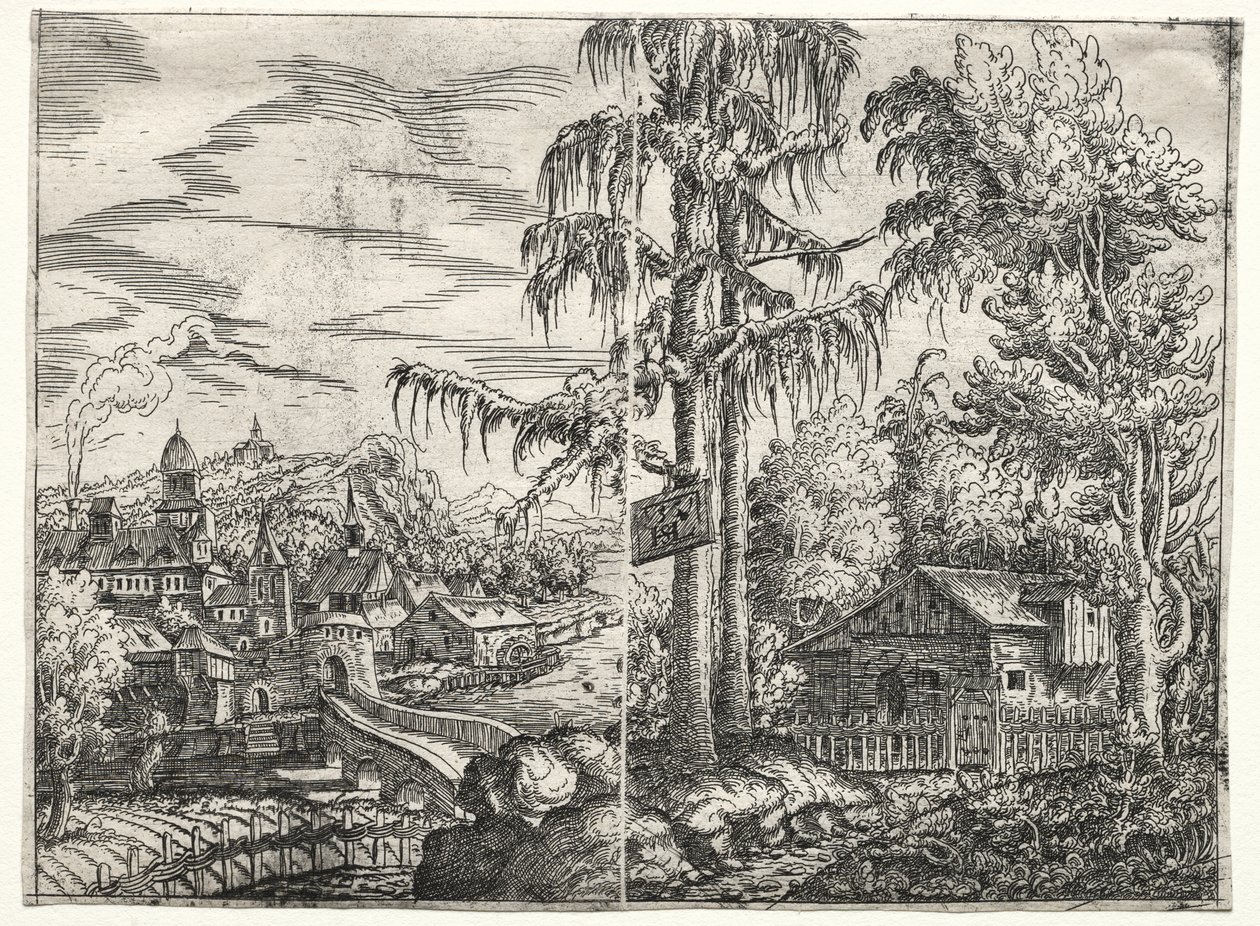 Paisagem com a cidade em um rio e a casa de campo entre árvores de Hanns Lautensack
