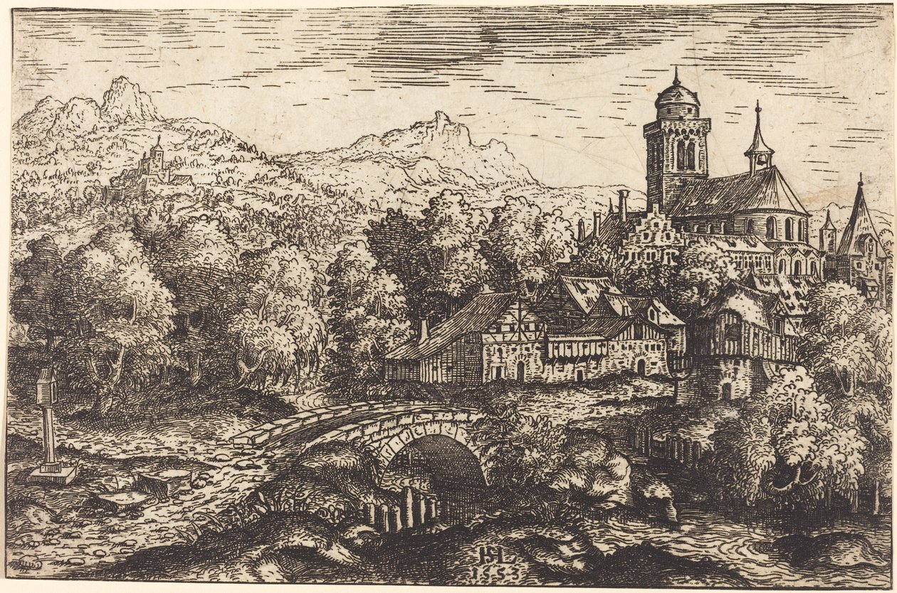 Paisagem montanhosa com uma vila de Hanns Lautensack