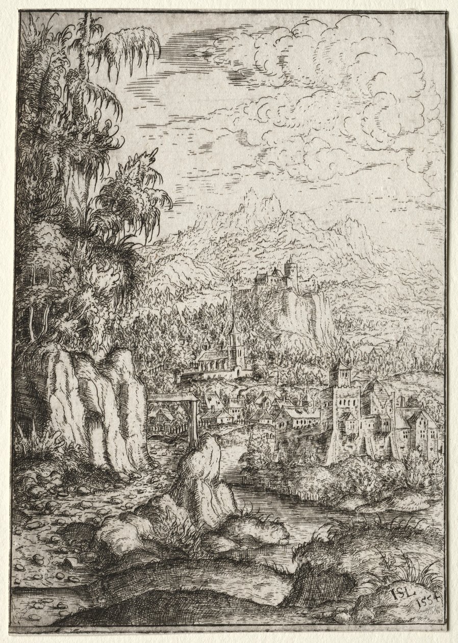 Paisagem com uma estrada para um castelo em uma ilha em um rio, 1554. de Hanns Sebald Lautensack