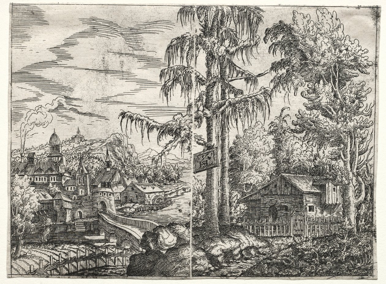 Paisagem com a cidade em um rio e o chalé entre árvores, 1551. de Hanns Sebald Lautensack