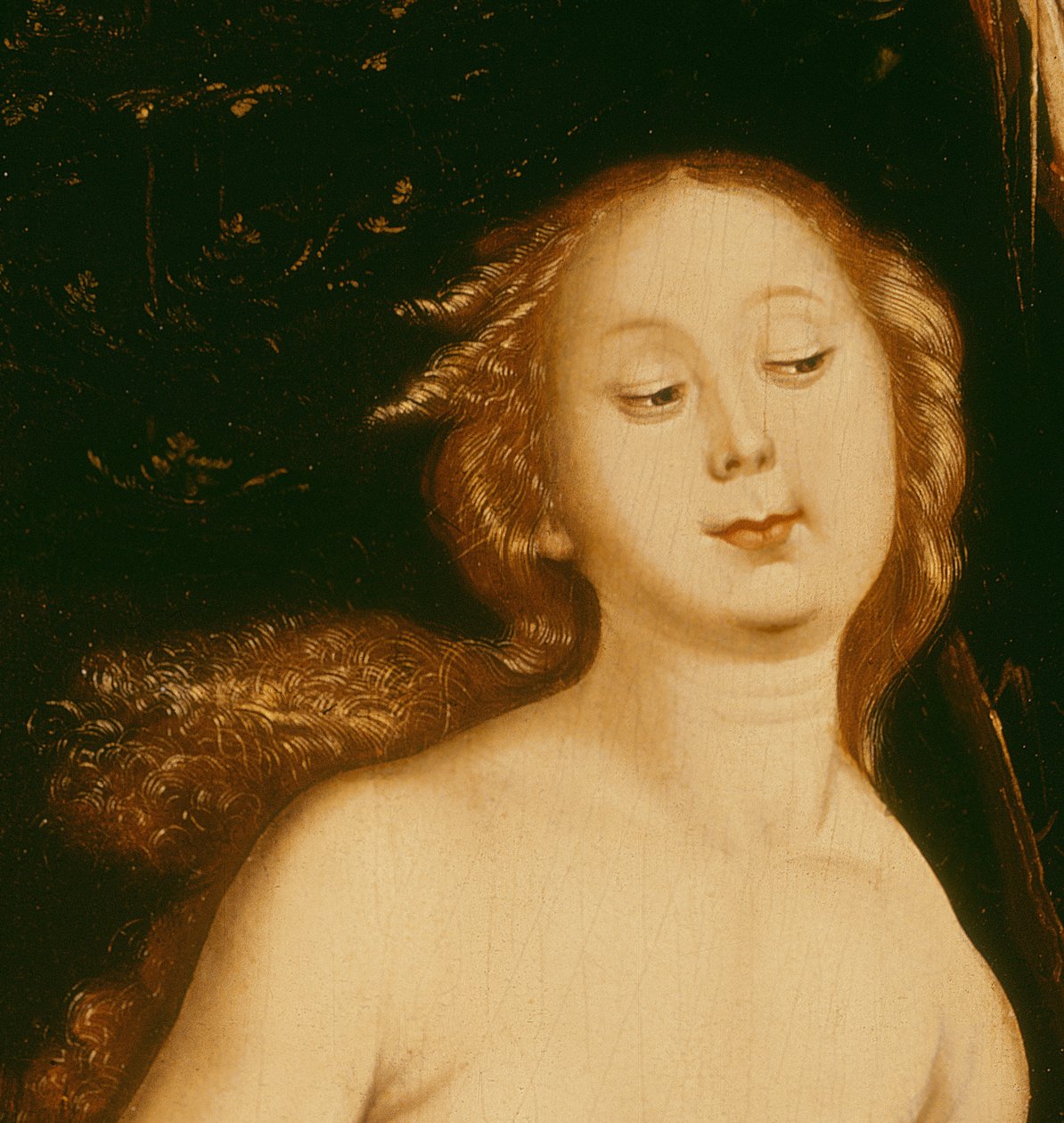 Detalhe de Eva, o óleo Serpente e Morte no detalhe do painel de 35456 de Hans Baldung Grien