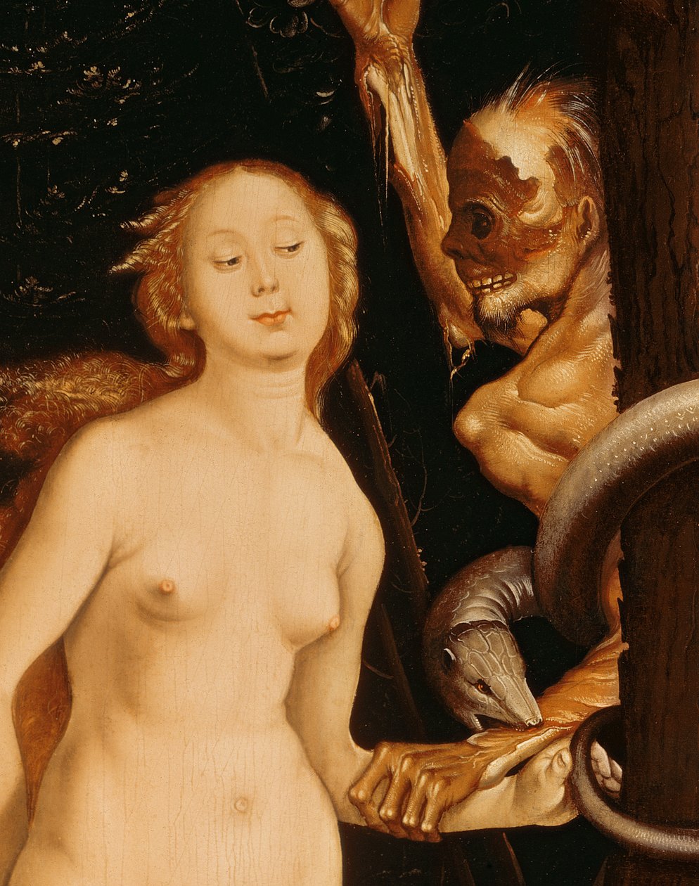 Eva, o óleo Serpente e Morte no detalhe do painel de 35456 de Hans Baldung Grien