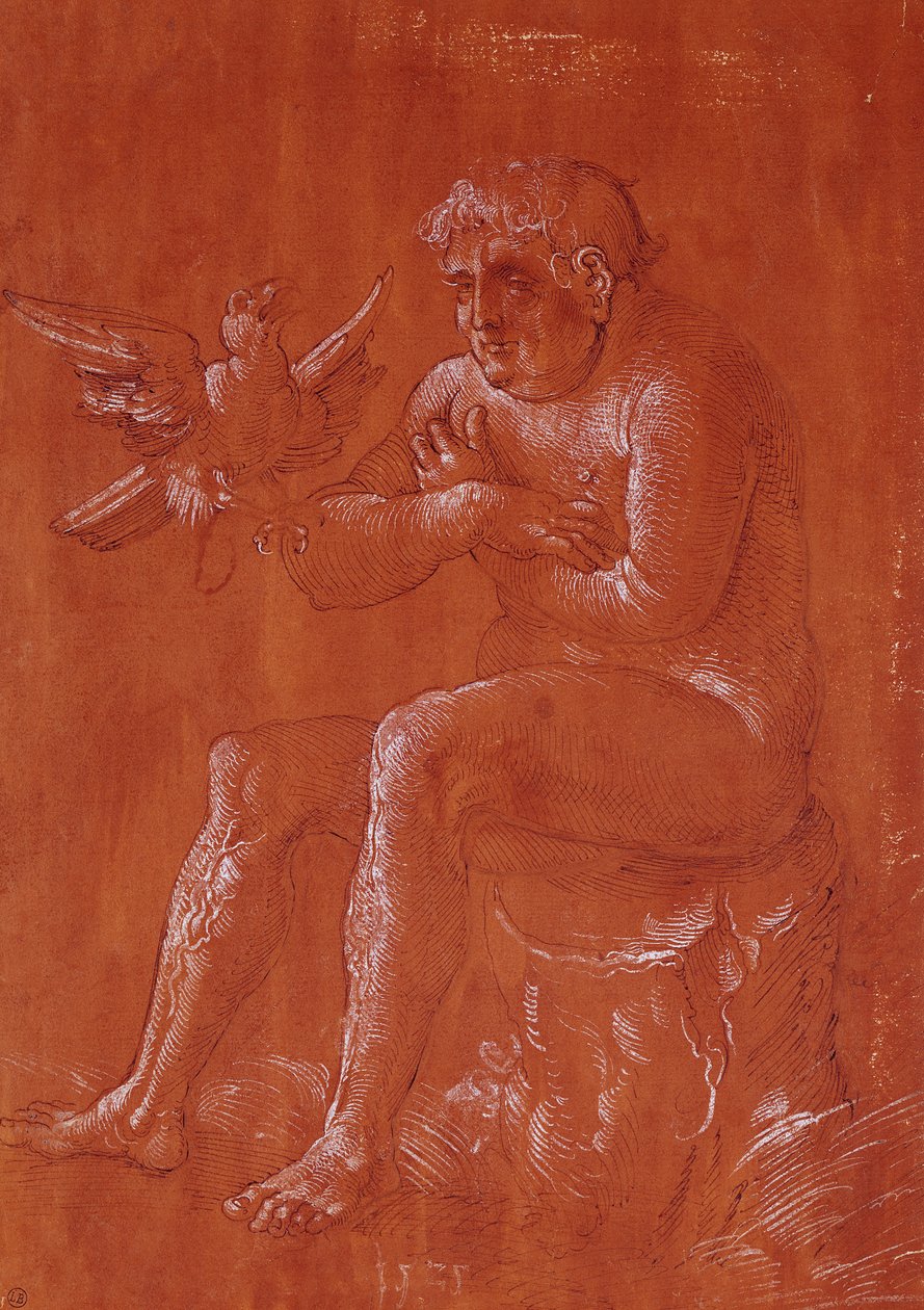 Homem nu, sentando, ligado, um, tronco árvore, escutar, para, um, papagaio de Hans Baldung Grien