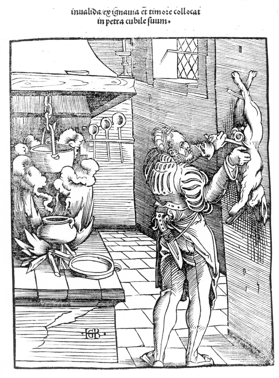 Vista, de, um, décimo sexto século, cozinha, com, cozinheiro, evisceração, um, coelho de Hans Baldung Grien