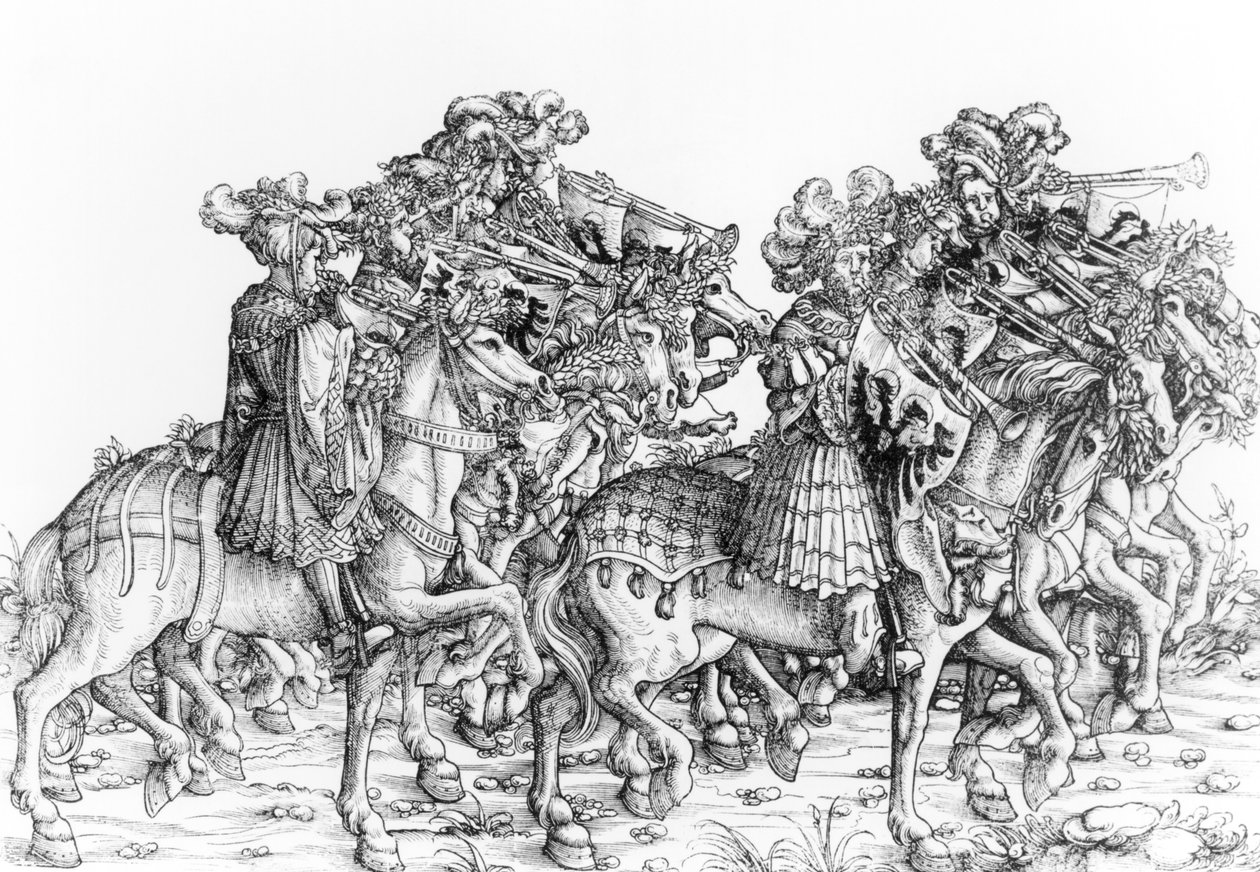 Um grupo de trombeteiros montados, da "Procissão Triunfal de Maximiliano", c.1516-18 de Hans Burgkmair