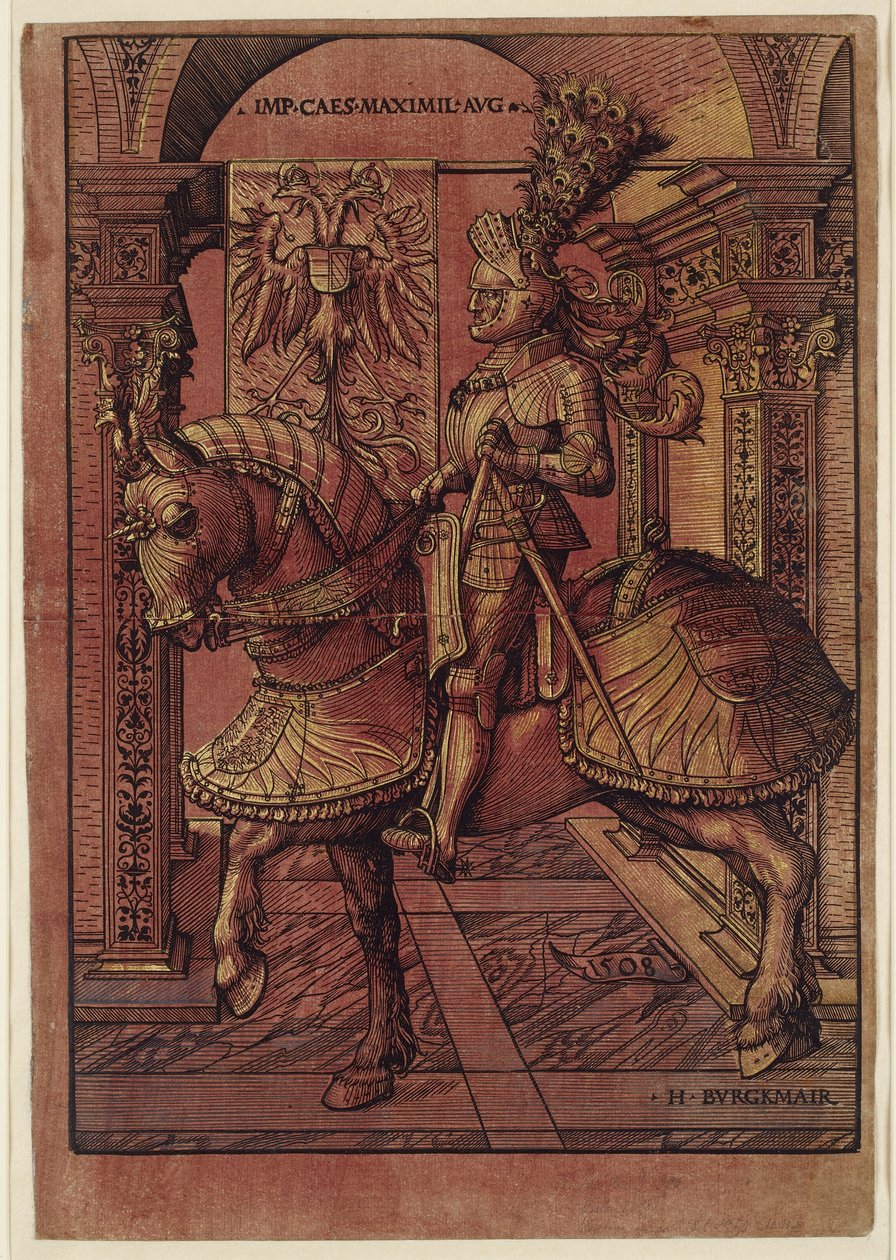 Imperador Maximiliano I, armado a cavalo, 1508 (xilogravura de claro-escuro) de Hans Burgkmair