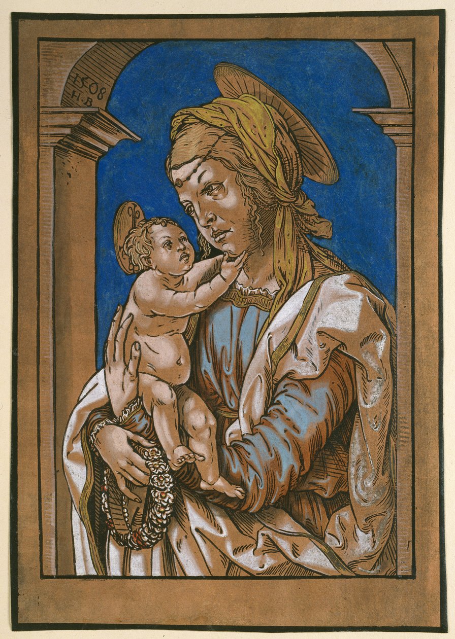 Madonna e Child sob um arco, 1508 (xilogravura, sobrecarregada de aguarela e bodycolour) de Hans Burgkmair