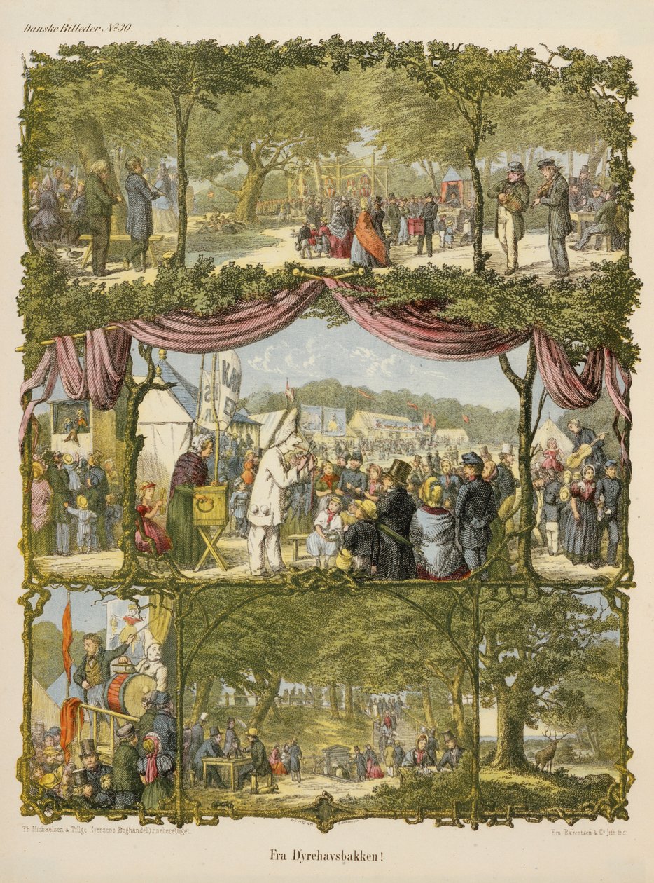 Cena de uma feira do condado dinamarquesa, Fra Dyrehavsbakken, de um panfleto publicado por Michaelsen & Tillage, 1850 de Hans Christian Ley