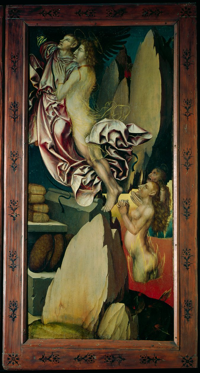 Retábulo de Bugnon, painel da esquerda representando a libertação de uma alma do purgatório, c.1507 de Hans Fries