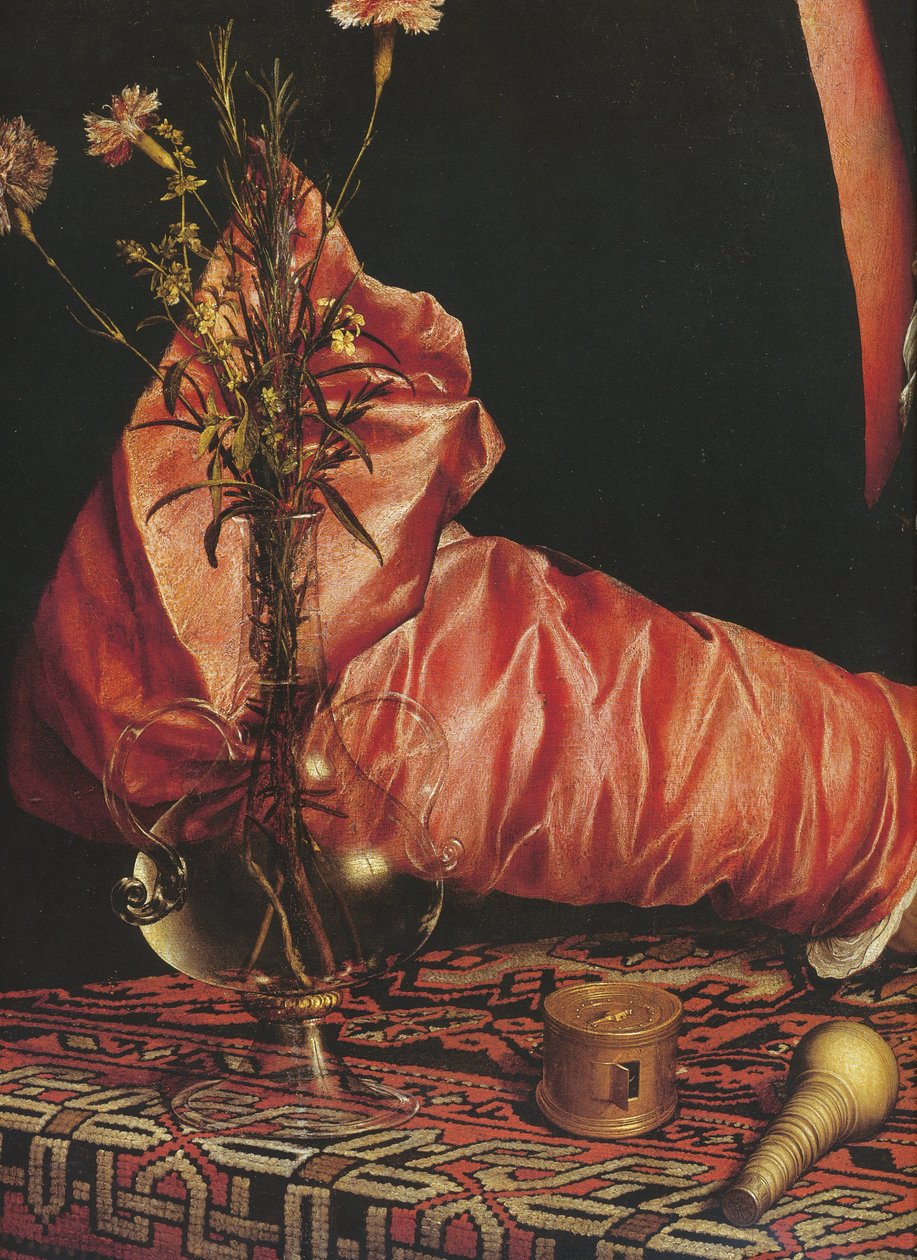 Retrato do comerciante Georg Gisze (detalhe de manga e flores) de Hans Holbein