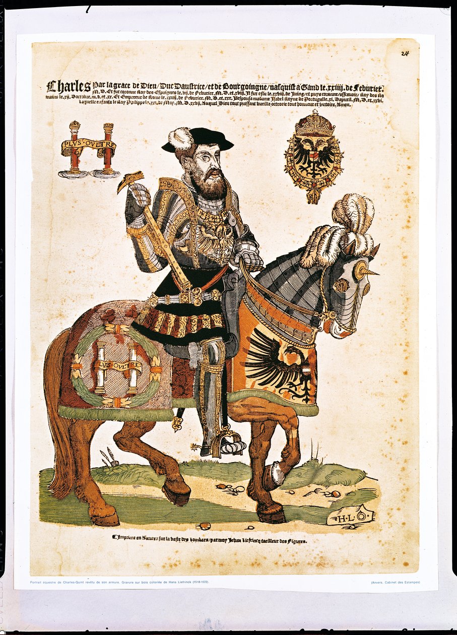 Retrato equestre de Charles V em armadura (1500-58) (gravura a cores) de Hans Liefrinck