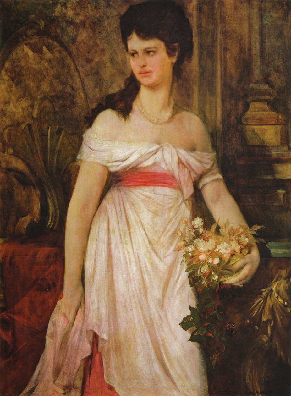 Retrato, de, um, ficar, senhora, em, branca, dressEnglish :, retrato, de, um, senhora, ficar, em, um, vestido branco de Hans Makart