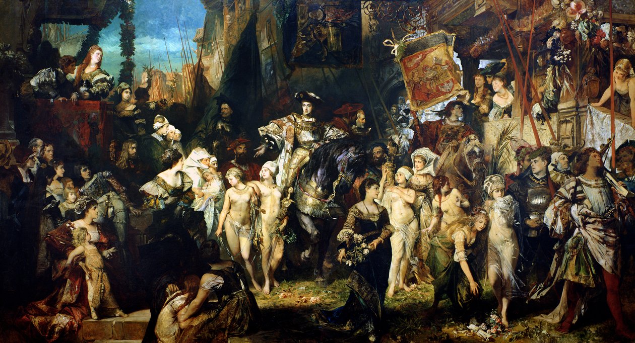 A entrada do imperador Carlos V (1500-58) em Antuérpia em 1520, 1878 (ver também 141422, 141423 e 141424) de Hans Makart