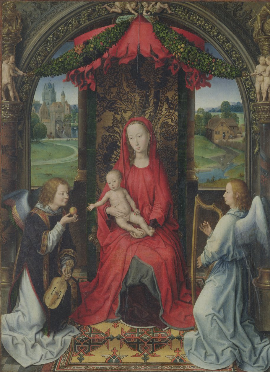 Madonna e criança entronizados com dois anjos, 1490-91 de Hans Memling