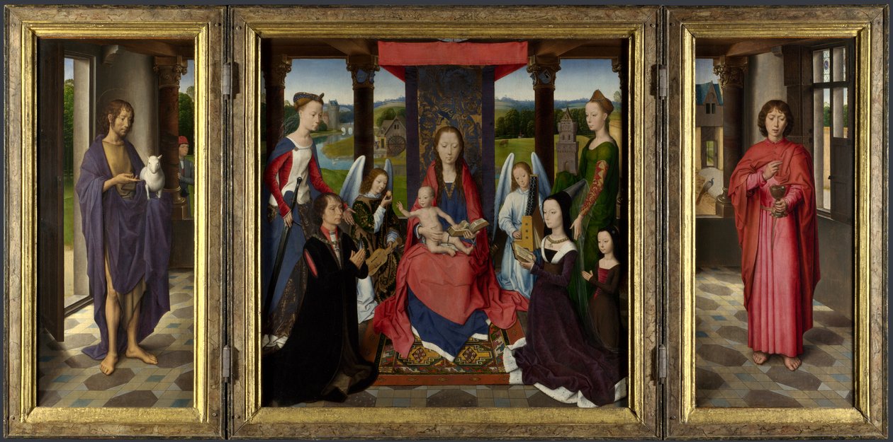 Maria com criança, santos e benfeitores de Hans Memling