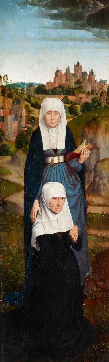 Mulher velha em oração com Santa Ana de Hans Memling