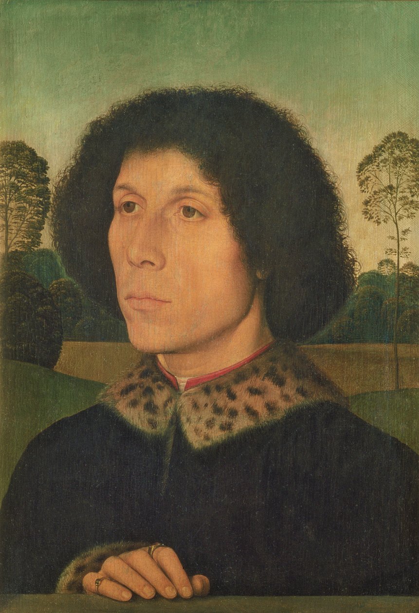 Retrato de um homem contra uma paisagem, c.1470 (painel) de Hans Memling